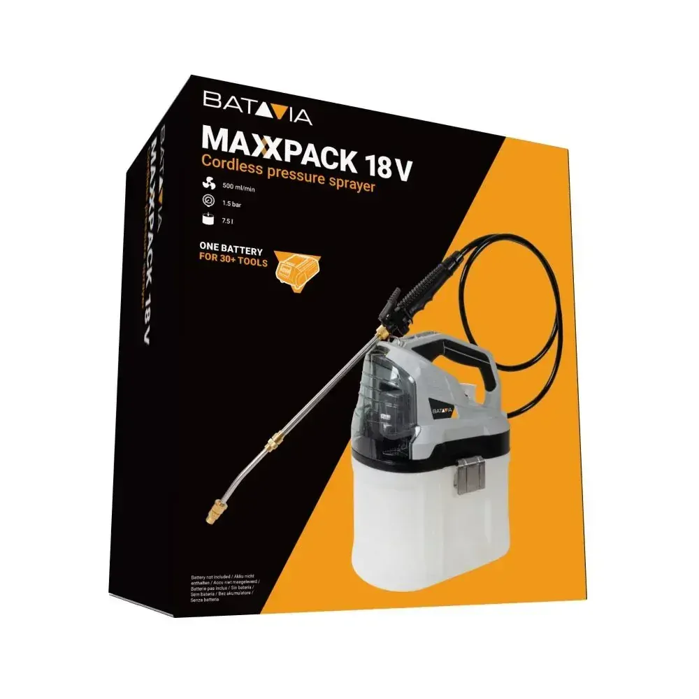 Aku bezdrátový tlakový postřikovač, 18V Li-Ion, zásobník 7,5l, 1,5bar, 500ml/min, bez baterie a nabíječky, bateriová platforma MAXXPACK BATAVIA
