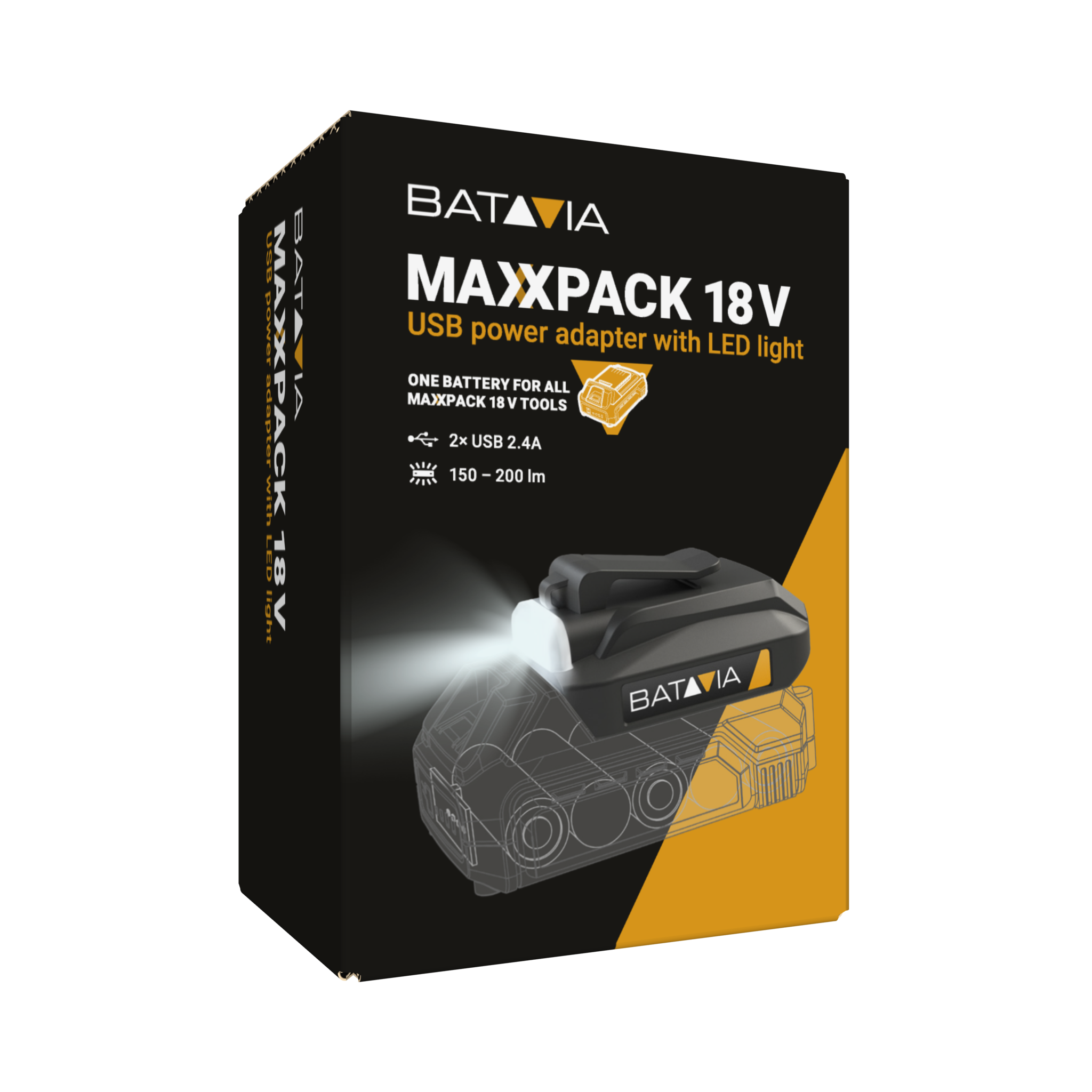 Aku bezdrátový multifunkční nabíjecí adaptér s USB, 2W USB svítilna, 18V Li-Ion, bateriová platforma MAXXPACK BATAVIA