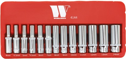 Nástrčné hlavice 1/4", 6-ti hran, 4 - 14 mm, prodloužené, sada 13 dílů, Welzh