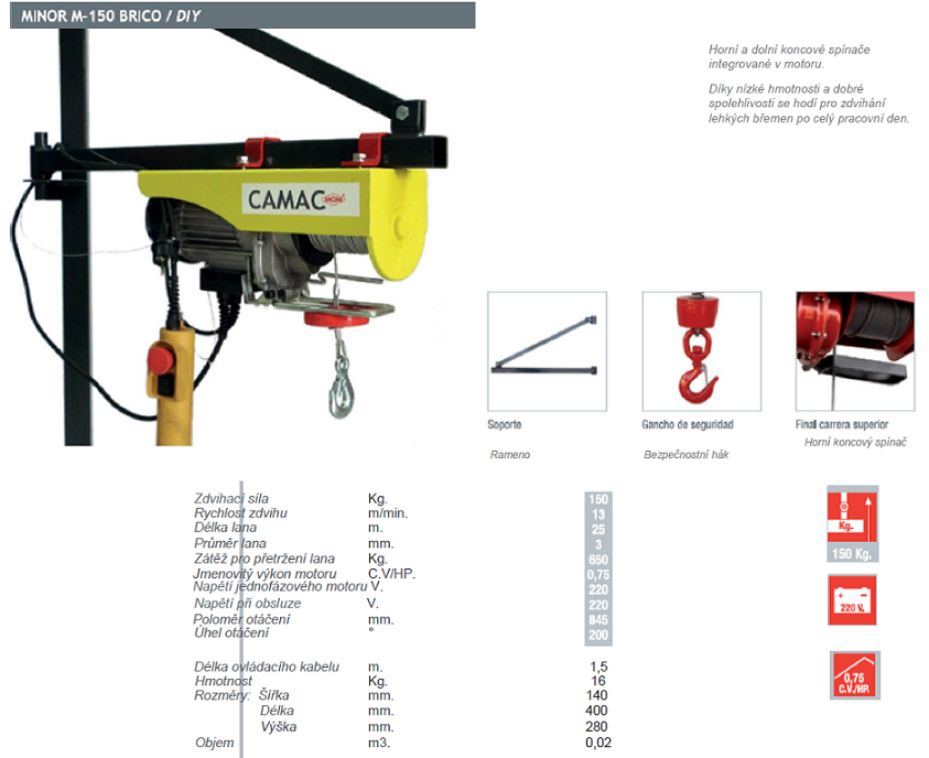 Profesionální stavební vrátek MINOR M-150 BRICO/DIY, nosnost 150 kg, délka lana 25 m, CAMAC