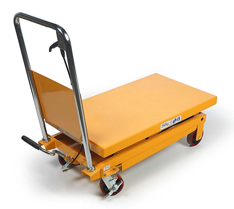 Manipulační vozík s hydraulickým nůžkovým zdvihem a pracovním stolem, nosnost až 350 kg, zdvih 1300 mm