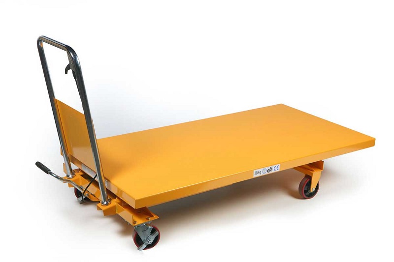 Manipulační vozík s hydraulickým nůžkovým zdvihem a pracovním stolem, nosnost až 500 kg, zdvih 900 mm
