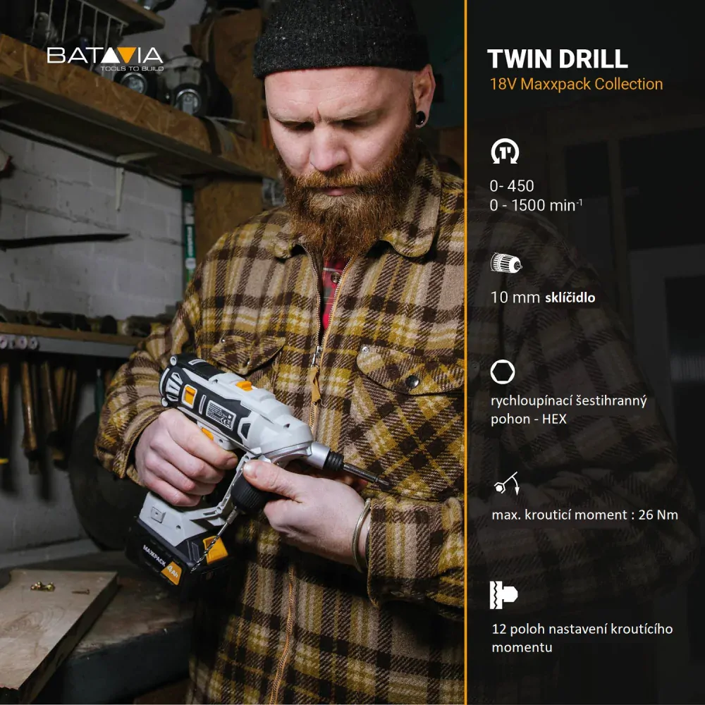 Aku vrtačka a aku šroubovák v jednom TWIN DRILL, 18V Li-Ion, 26 Nm, bez baterie a nabíječky, bateriová platforma MAXXPACK BATAVIA