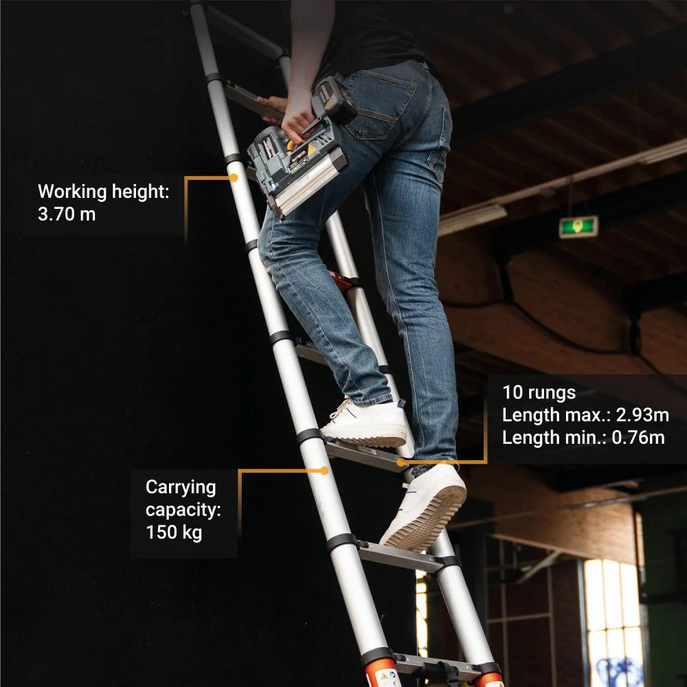 Hliníkový žebřík teleskopický, kvalitní zpracování, protiskluzová úprava, délka žebříku 2,93 m, max. pracovní výška 3,93 m, 10 příček, nosnost 150 kg, BATAVIA