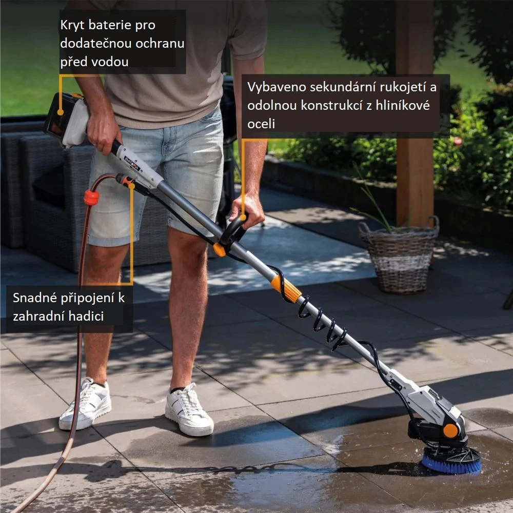 AKU rotační čistící kartáč TWIN BRUSH na všechny druhy povrchů, teleskopický 1,35 - 1,8 m, kartáč na čištění solárních panelů a bazénů, 18V Li-Ion, včetně nabíječky a 4.0 Ah baterie, bateriová platforma MAXXPACK BATAVIA