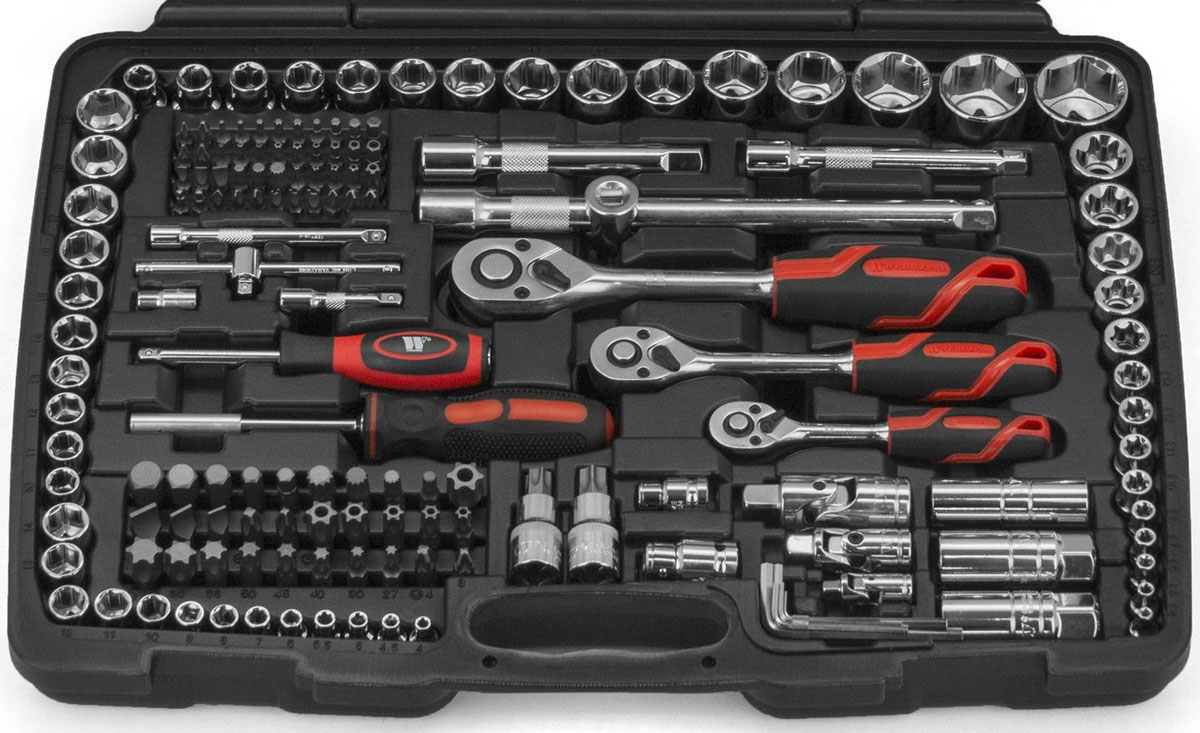 Gola sada 1/4", 3/8" a 1/2", hlavice a bity, 216 dílů sada, Welzh