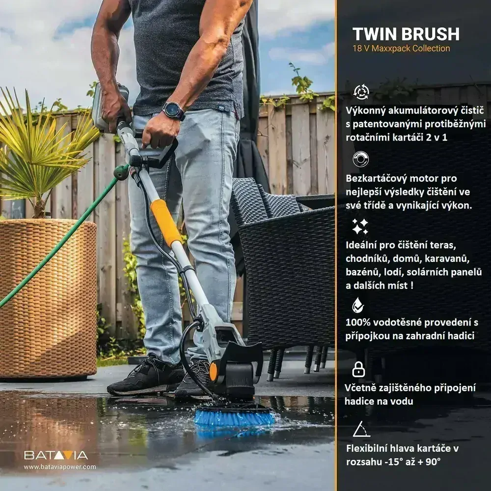 AKU rotační čistící kartáč TWIN BRUSH na všechny druhy povrchů, rotační kartáč na čištění solárních panelů a bazénů, 18V Li-Ion, včetně 4.0Ah baterie, nabíječky i 80cm prodloužení, bateriová platforma MAXXPACK BATAVIA