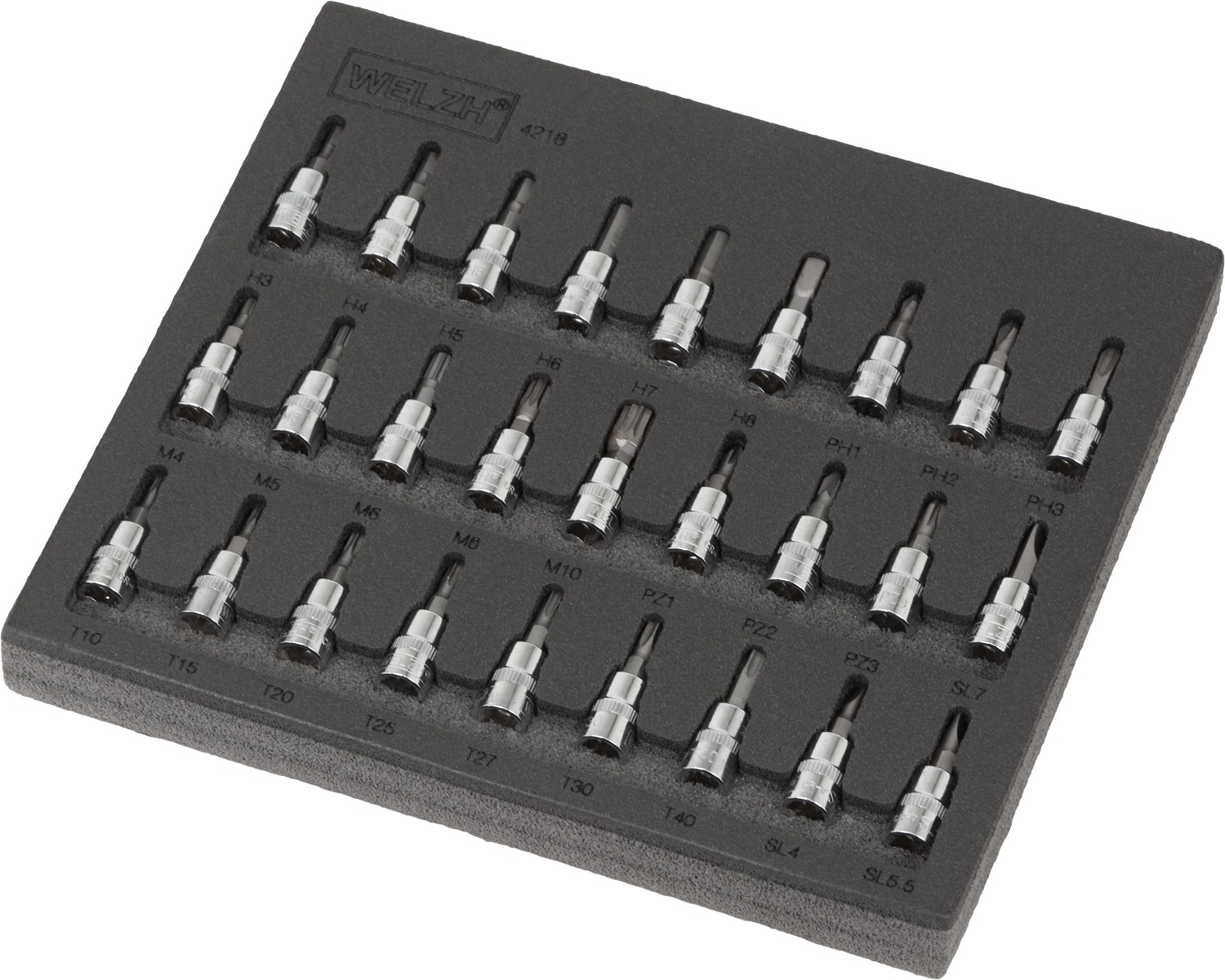 Hlavice zástrčné 1/4", Inbus, Torx, XZN, křížové a ploché, CrV, 27 dílů, Welzh