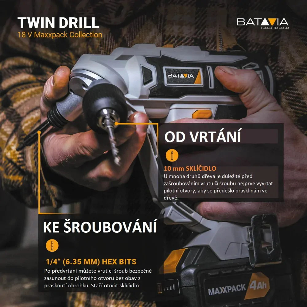 Aku vrtačka a aku šroubovák v jednom TWIN DRILL, 18V Li-Ion, 26 Nm, bez baterie a nabíječky, bateriová platforma MAXXPACK BATAVIA