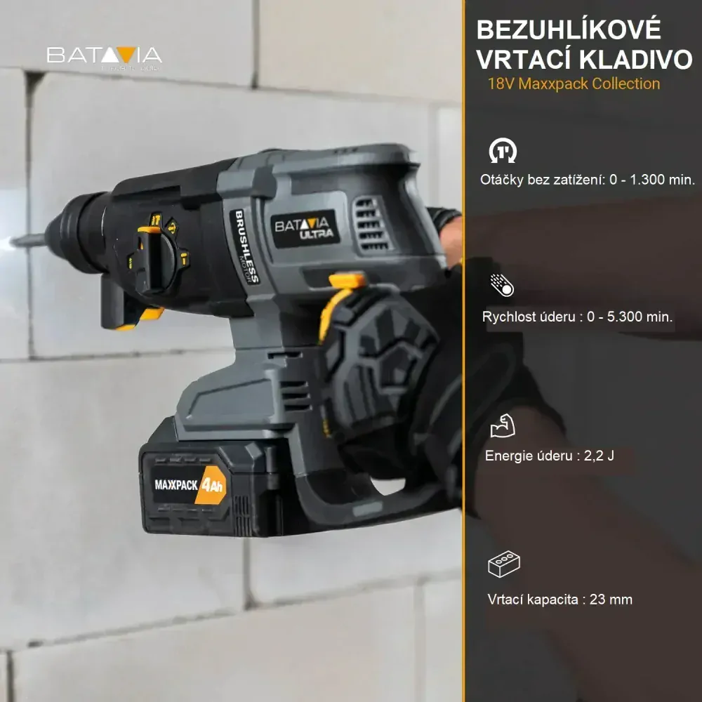 Aku bezdrátové, vrtací kladivo, bezuhlíkový motor, SDS+, 18V Li-Ion, energie 2,2J, 5.500 úderů za minutu, bez baterie a nabíječky, bateriová platforma MAXXPACK ULTRA BATAVIA