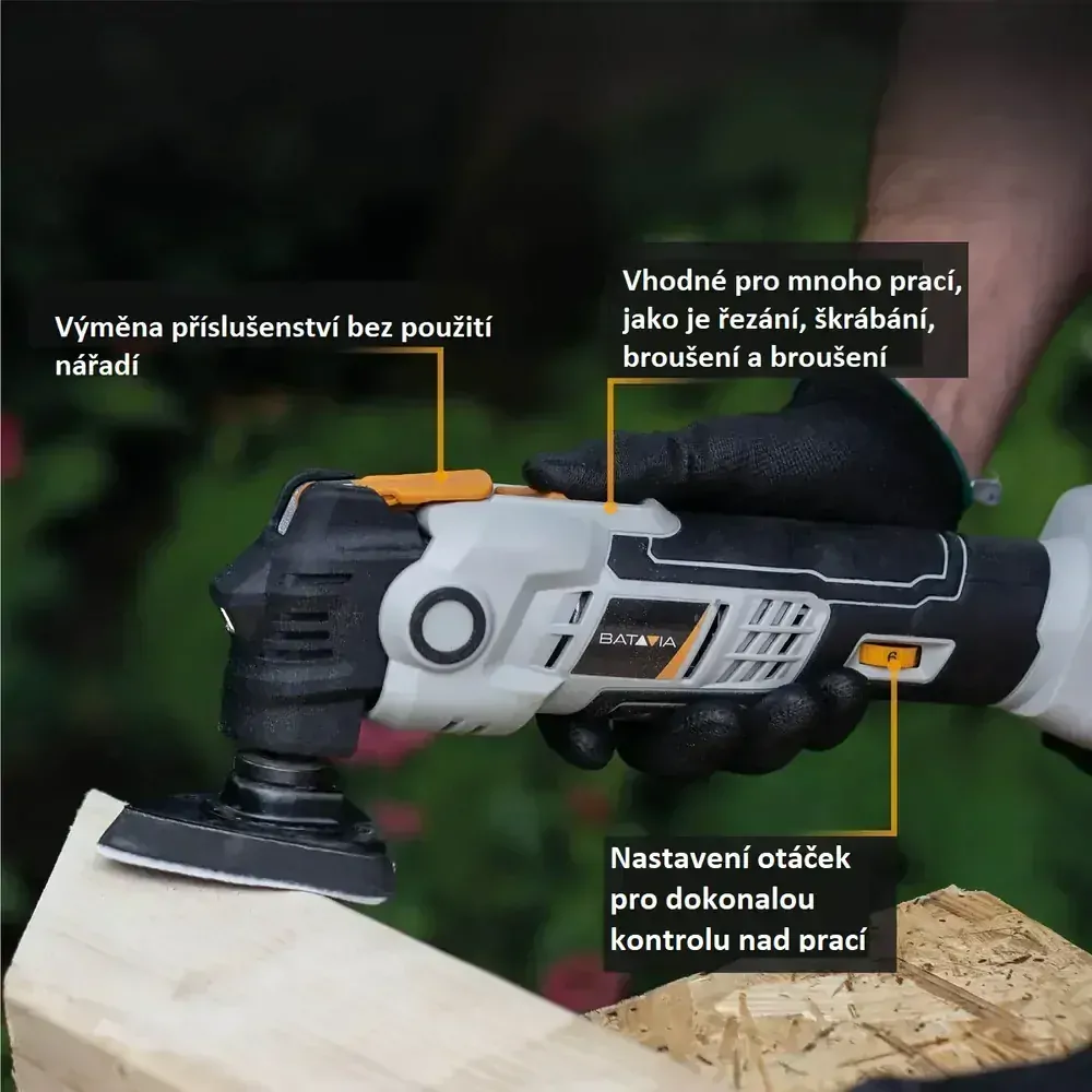 Aku Multitool, bezdrátový univerzální, mulifunkční, oscilační nástroj s potlačením hluku i vibrací, 5.000 - 18.000 ot./min., 18V Li-Ion, bez baterie a nabíječky, MAXXPACK BATAVIA