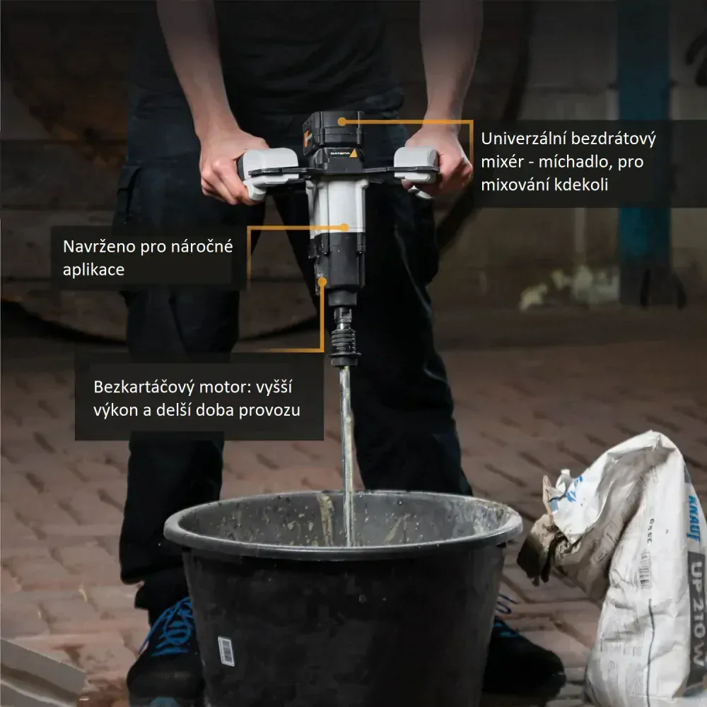 Aku bezdrátové, univerzální míchadlo stavebních směsí, mixér, Ø120mm, délka míchadla 590mm, 18V Li-Ion, bez baterie a nabíječky, bateriová platforma BATAVIA MAXXPACK