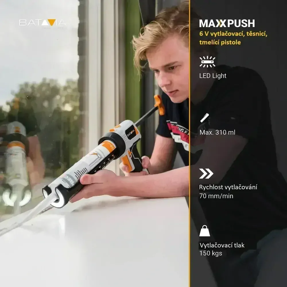 AKU vytlačovací pistole, spárová, tmelící pistole MAXXPUSH, provoz na 4ks AA baterií, tlak 150kg, pro objem kartuše 290-310ml, BATAVIA