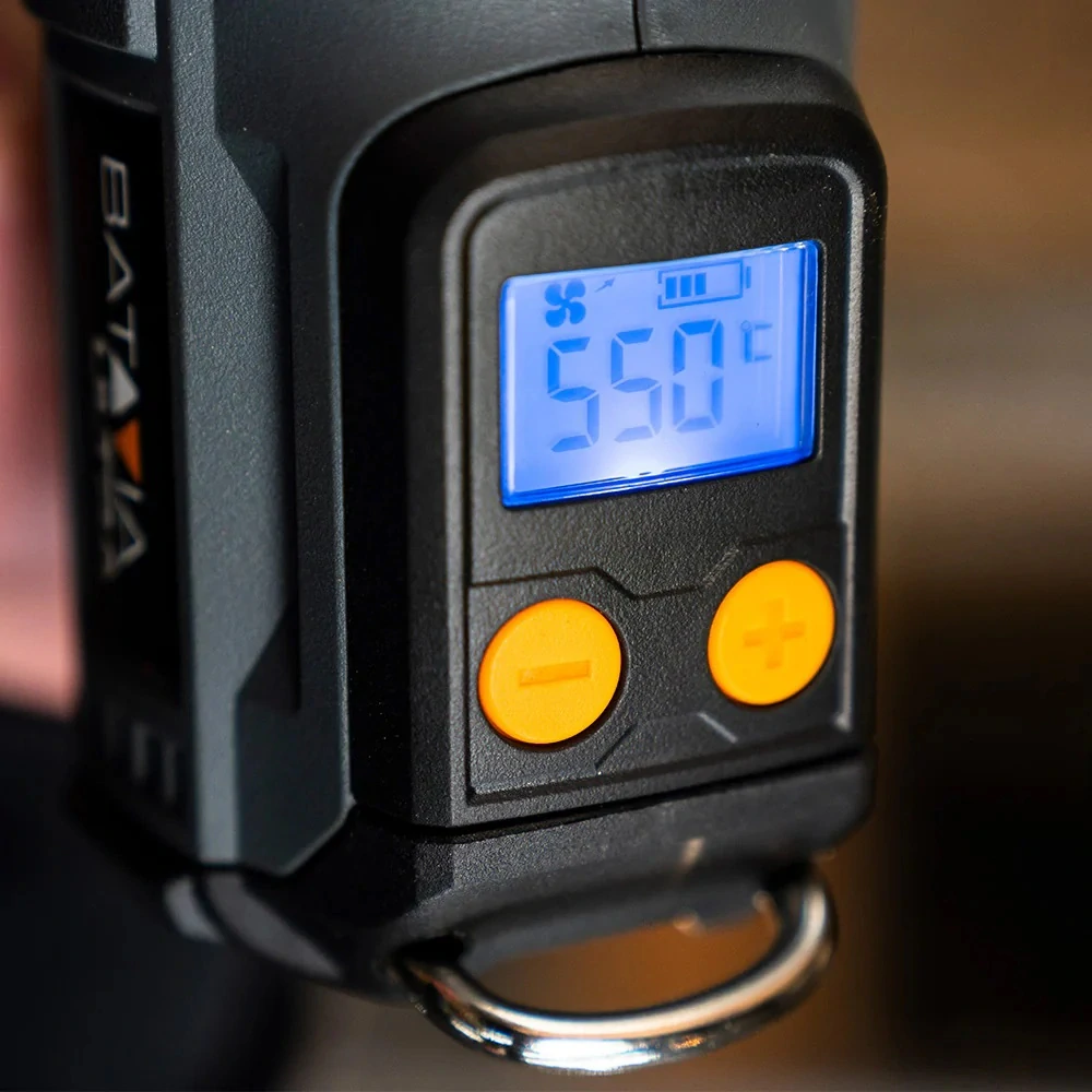 Aku bezdrátová horkovzdušná pistole, s digitálním LCD displejem, 18V Li-Ion, teplota 30°C - 550°C, 120 - 200 l./min., bez baterie a nabíječky, bateriová platforma MAXXPACK BATAVIA
