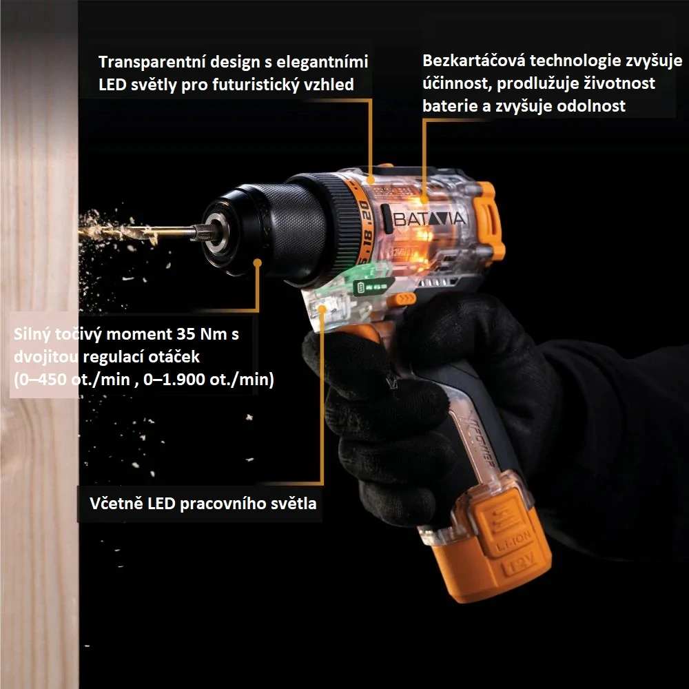 AKU bezuhlíkový šroubovák a vrtačka, 12V Li-Ion, 35 Nm, včetně baterie, nabíječky a příslušenství Fusion Drill BATAVIA