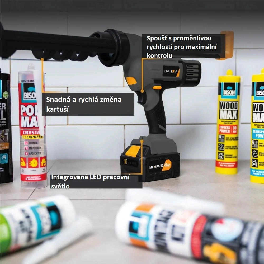 AKU vytlačovací pistole, spárová, tmelící pistole, 18V Li-Ion, vytlačovací síla 2000 Nm, na 310 ml kartuše, bez baterie a nabíječky, bateriová platforma MAXXPACK ULTRA BATAVIA
