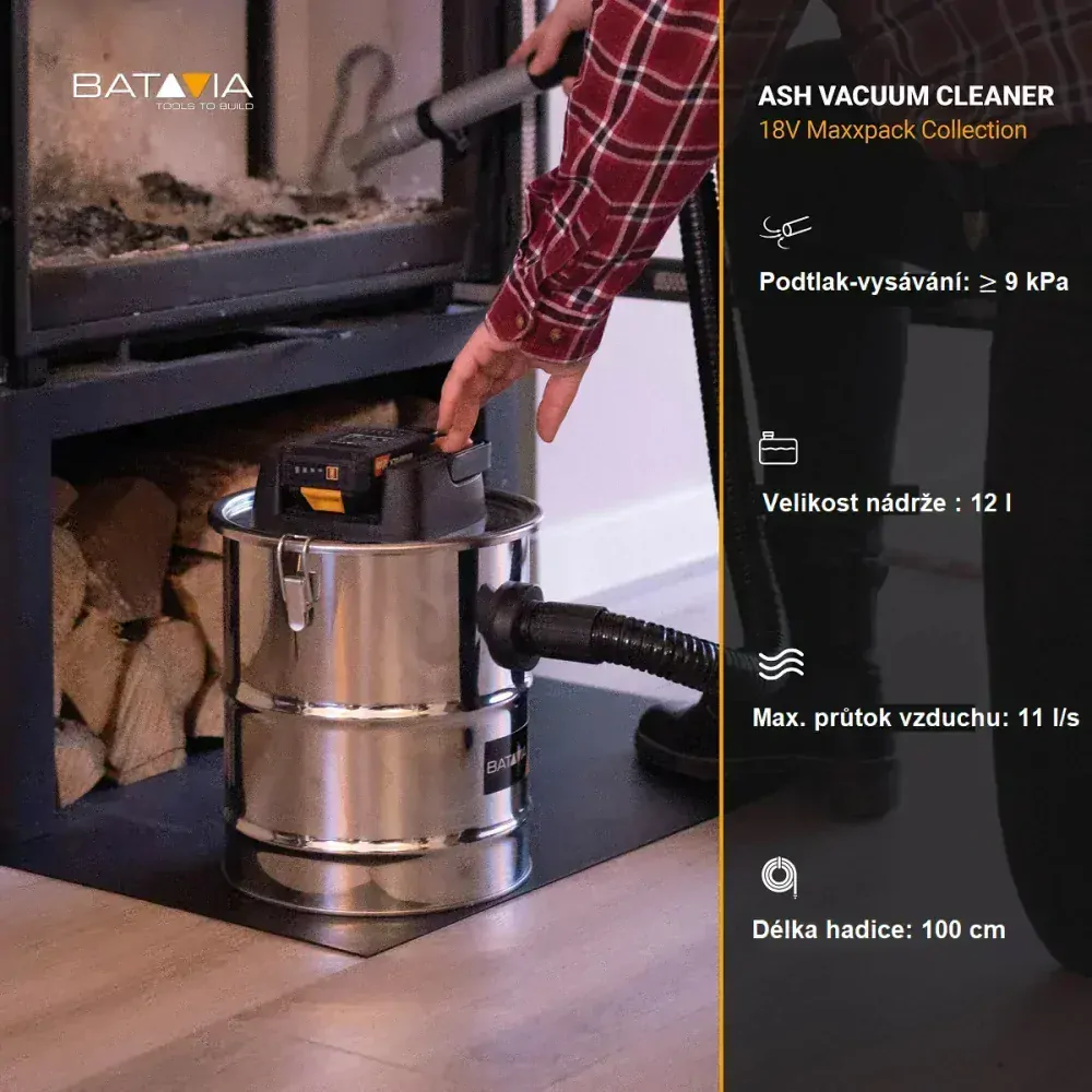 Aku bezdrátový vysavač popela, 18V Li-Ion, sací výkon/výkon motoru 30/140W, sací podtlak 9 kPA, 12 l, bez baterie a nabíječky, bateriová platforma MAXXPACK BATAVIA