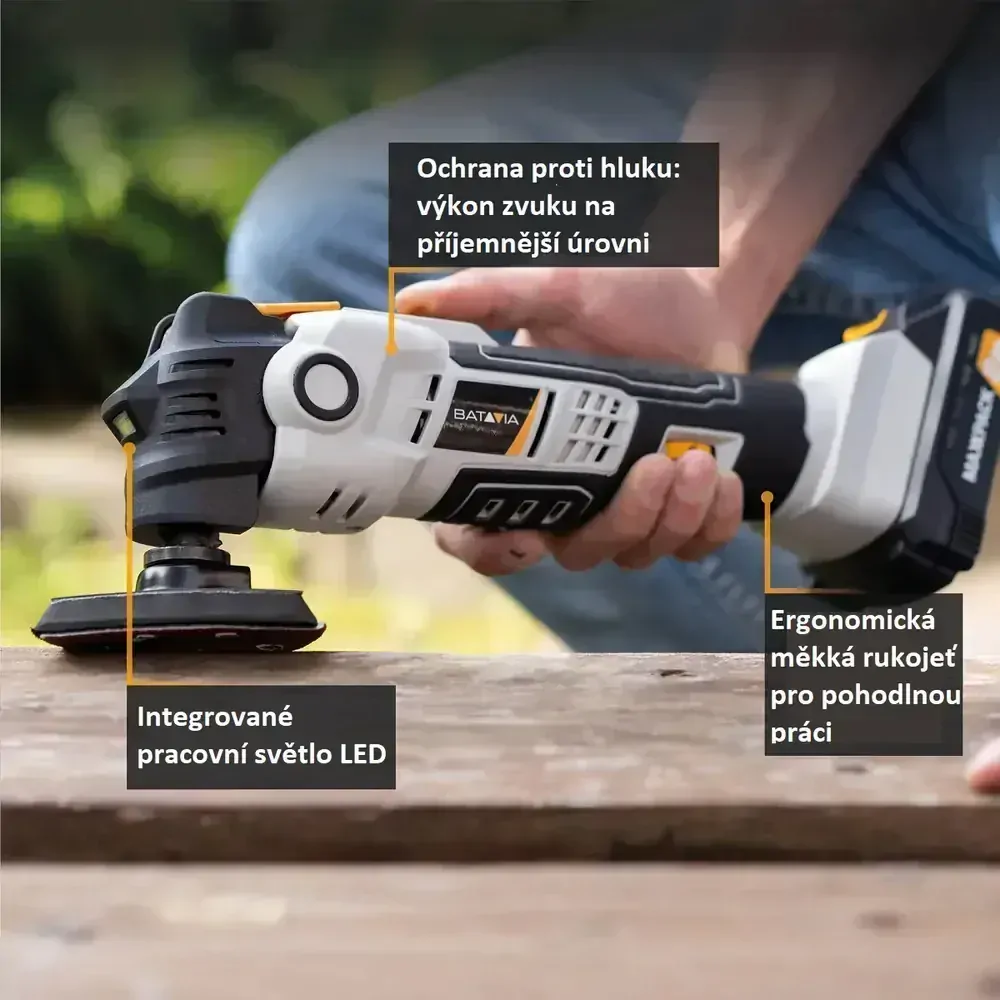 Aku Multitool, bezdrátový univerzální, mulifunkční, oscilační nástroj s potlačením hluku i vibrací, 5.000 - 18.000 ot./min., 18V Li-Ion, bez baterie a nabíječky, MAXXPACK BATAVIA