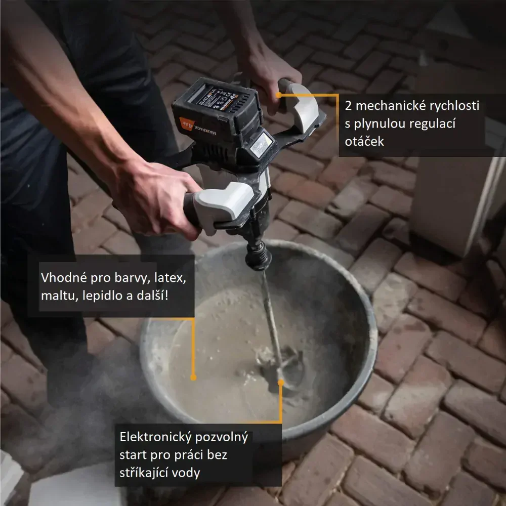 Aku bezdrátové, univerzální míchadlo stavebních směsí, mixér, Ø120mm, délka míchadla 590mm, 18V Li-Ion, bez baterie a nabíječky, bateriová platforma BATAVIA MAXXPACK