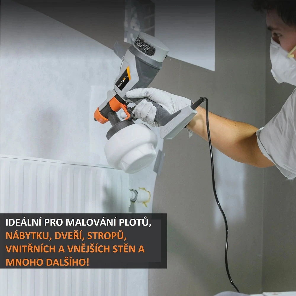Malířská stříkací pistole, pro barvy, laky, mořidla, příkon 500W, nádoba 1200ml, výkon 700ml./min., viskozita 100 DIN, napětí 230V, včetně příslušenství. MAXXSPRAY BATAVIA 7063912