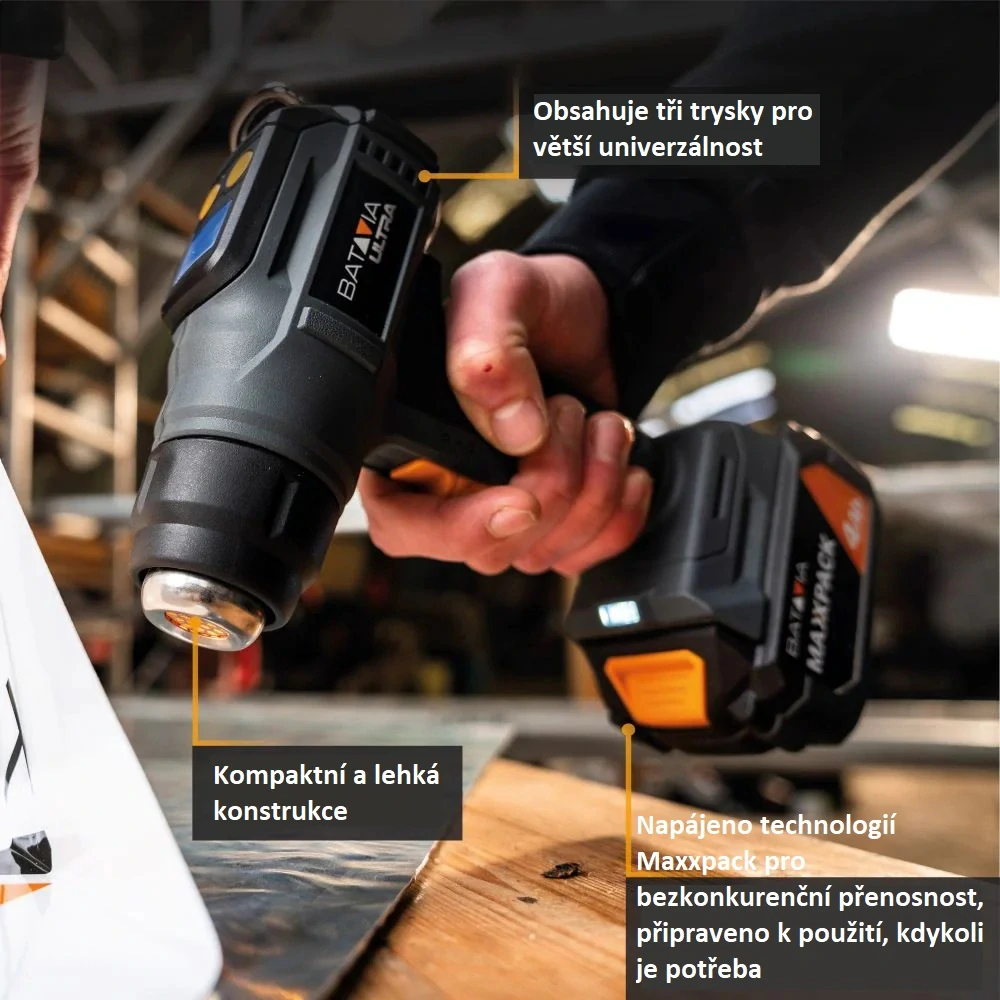 Aku bezdrátová horkovzdušná pistole, s digitálním LCD displejem, 18V Li-Ion, teplota 30°C - 550°C, 120 - 200 l./min., bez baterie a nabíječky, bateriová platforma MAXXPACK BATAVIA