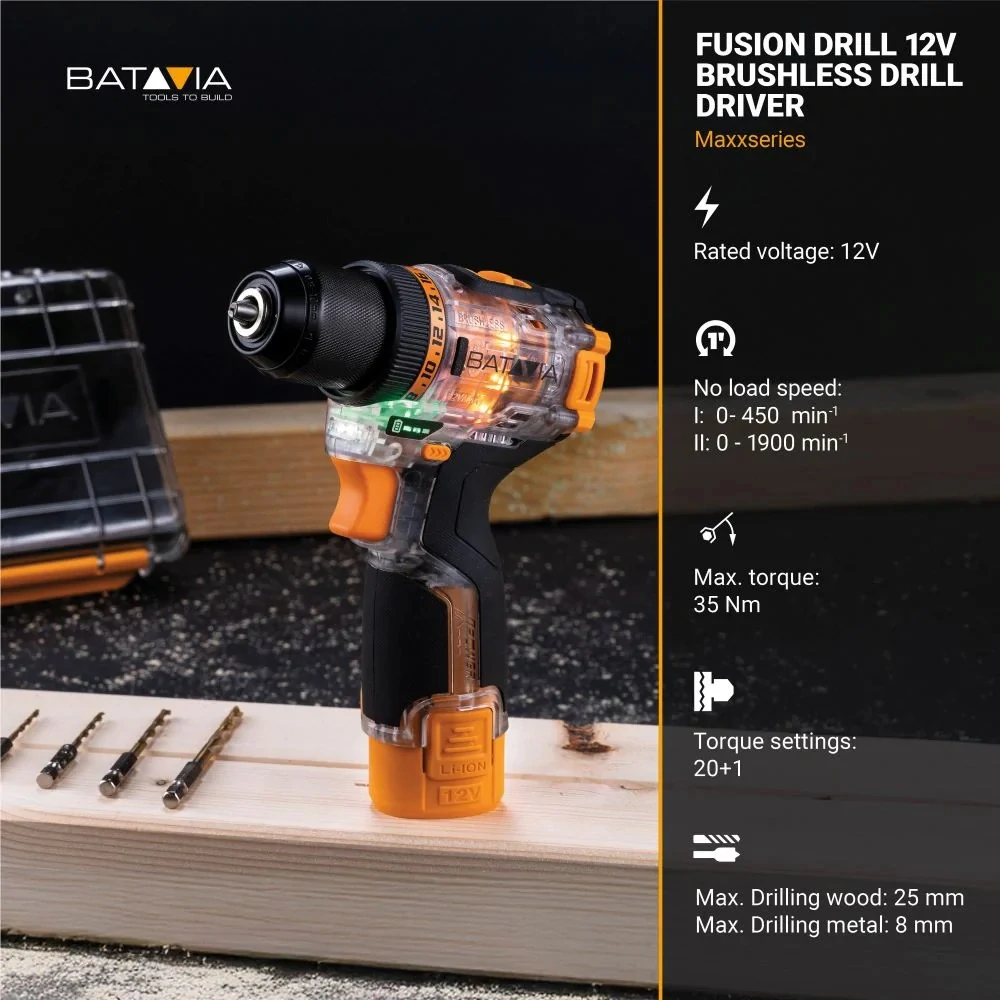 AKU bezuhlíkový šroubovák a vrtačka, 12V Li-Ion, 35 Nm, včetně baterie, nabíječky a příslušenství Fusion Drill BATAVIA