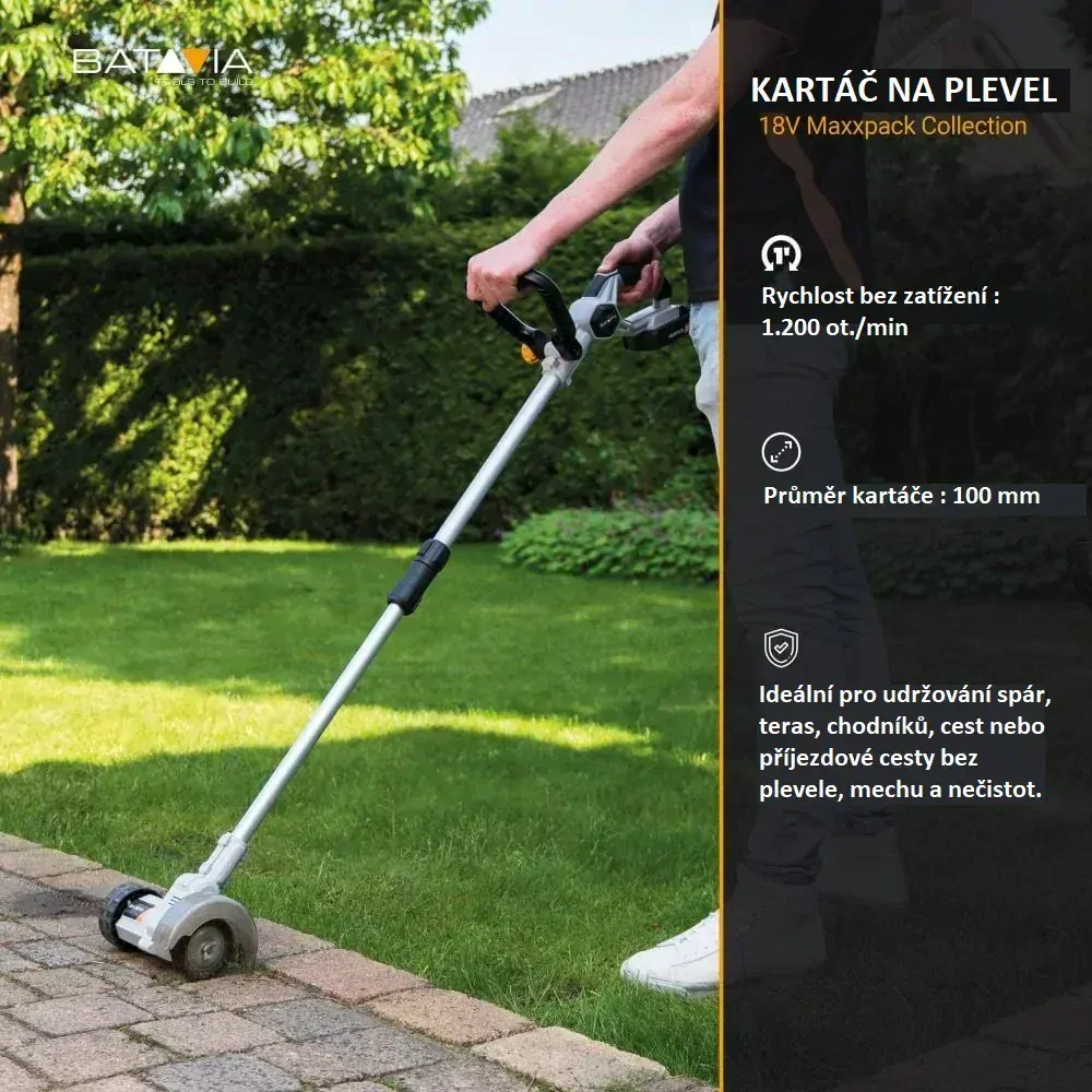 Aku bezdrátový kartáč na čištění spár, odstraňovač plevele, mechu a nečistot, 18V Li-Ion, 1200ot./min., průměr 100mm, bez baterie a nabíječky, MAXXPACK BATAVIA