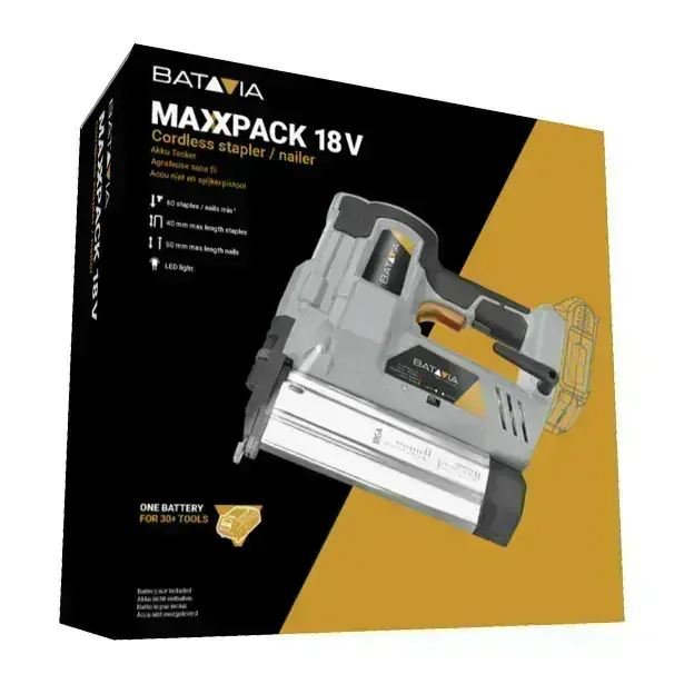 Aku bezdrátová univerzální sponkovačka, sešívačka, hřebíkovačka, nastřelovačka, tacker, 18V Li-Ion, 60ks./min., bez baterie a nabíječky, bateriová platforma MAXXPACK ULTRA BATAVIA