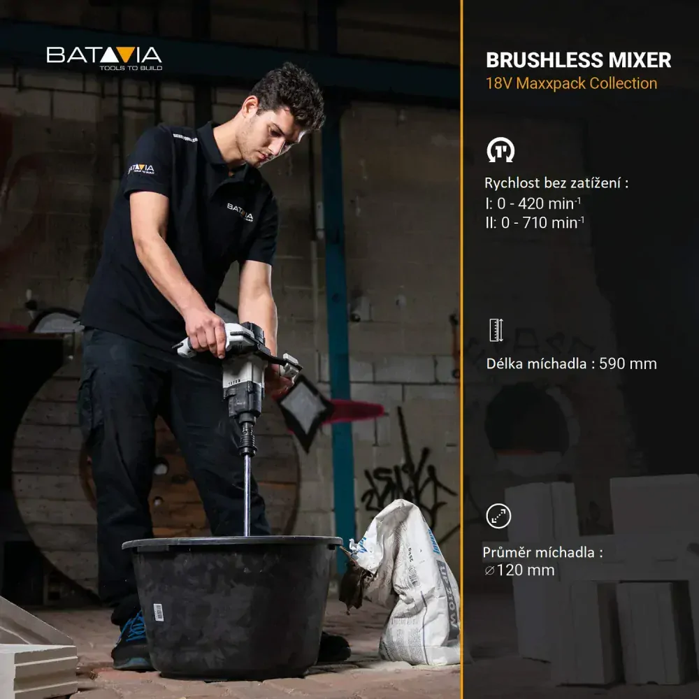 Aku bezdrátové, univerzální míchadlo stavebních směsí, mixér, Ø120mm, délka míchadla 590mm, 18V Li-Ion, bez baterie a nabíječky, bateriová platforma BATAVIA MAXXPACK