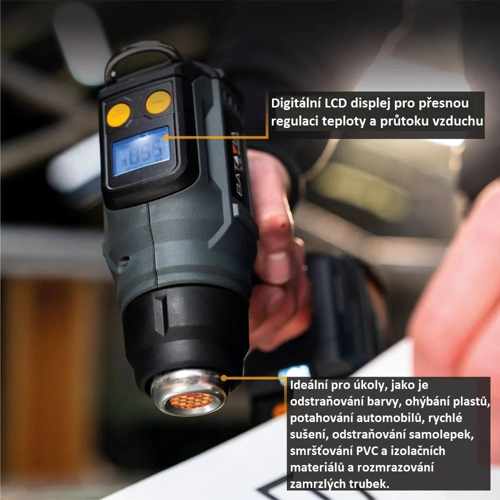 Aku bezdrátová horkovzdušná pistole, s digitálním LCD displejem, 18V Li-Ion, teplota 30°C - 550°C, 120 - 200 l./min., bez baterie a nabíječky, bateriová platforma MAXXPACK BATAVIA