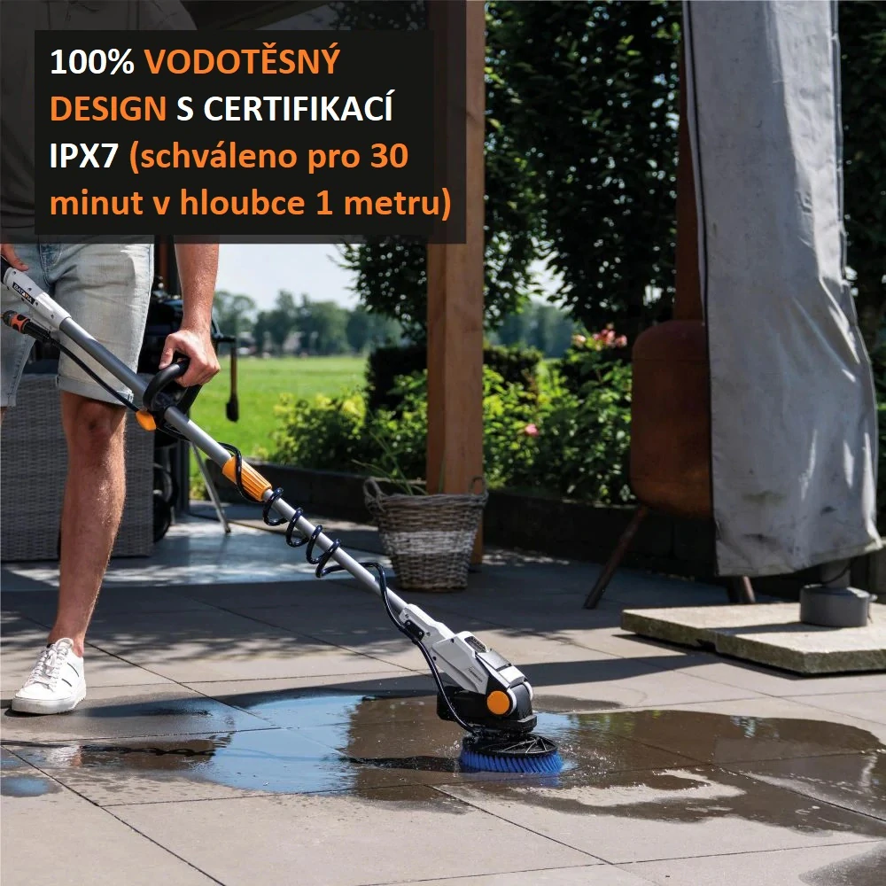 AKU rotační čistící kartáč TWIN BRUSH na všechny druhy povrchů, teleskopický 1,35 - 1,8 m, kartáč na čištění solárních panelů a bazénů, 18V Li-Ion, včetně nabíječky a 4.0 Ah baterie, bateriová platforma MAXXPACK BATAVIA