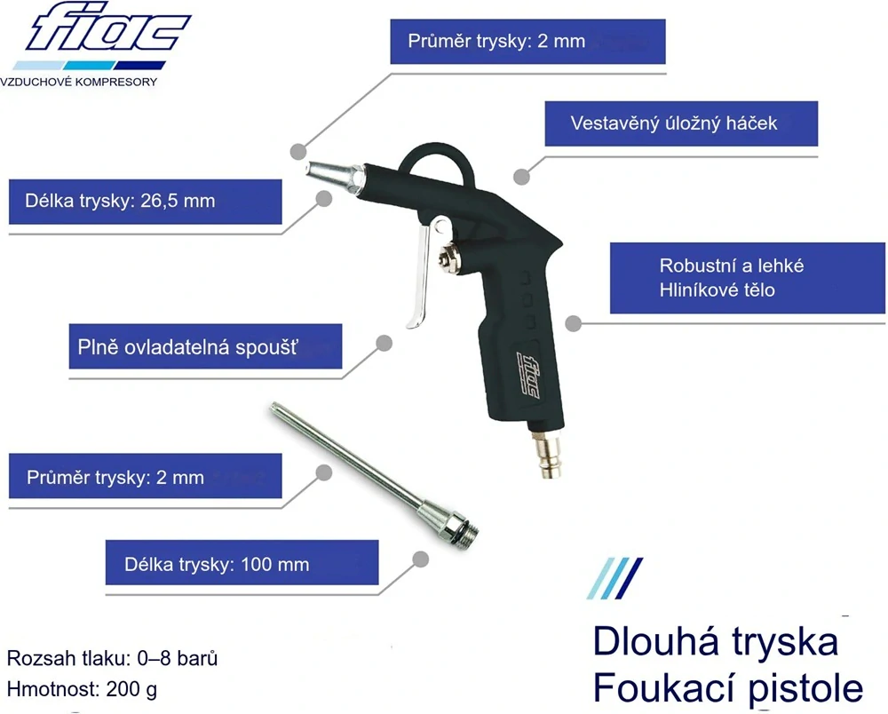 Ofukovací vzduchová pistole s krátkou 2 cm a s 10 cm dlouhou tryskou, 2-8 bar, FIAC