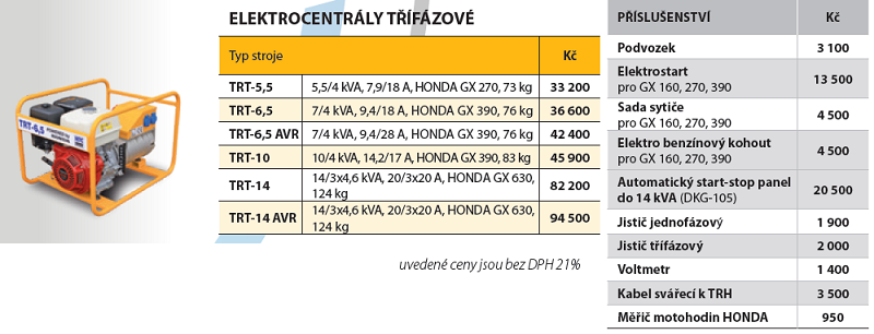 Třífázová benzínová elektrocentrála, generátor, motor HONDA, 3x4,0 kVA, TRT-14 NTC