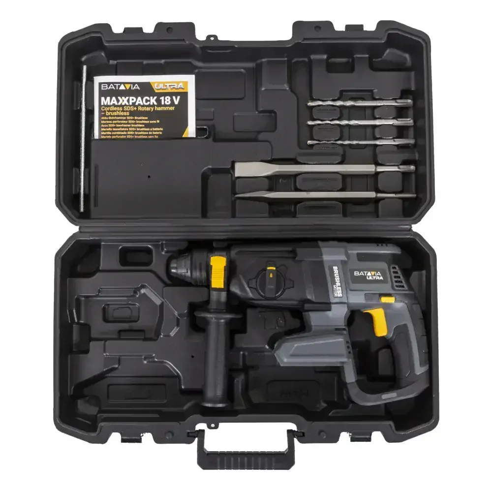Aku bezdrátové, vrtací kladivo, bezuhlíkový motor, SDS+, 18V Li-Ion, energie 2,2J, 5.500 úderů za minutu, bez baterie a nabíječky, bateriová platforma MAXXPACK ULTRA BATAVIA