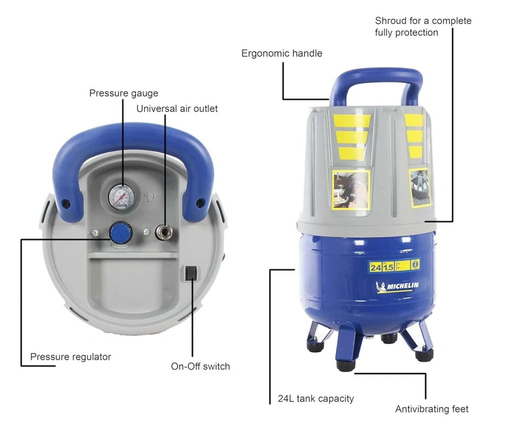 Přenosný, bezolejový, vzduchový kompresor, 10 barů, 24 l, 68 dB, 1,1 kW, 160 l/min., 230V, MICHELIN MXV24