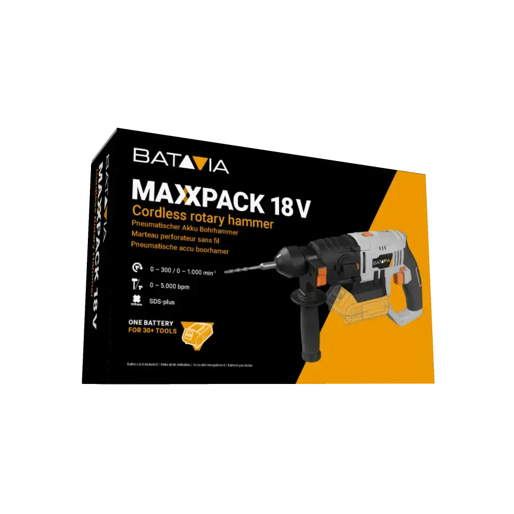 AKU bezdrátové vrtací kladivo s příklepem, SDS plus, 18V Li-Ion, 5000 příklepů za min., energie 0,8 Joule, bez baterie a nabíječky, bateriová platforma MAXXPACK BATAVIA
