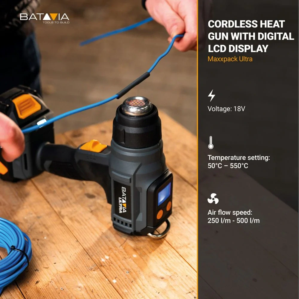 Aku bezdrátová horkovzdušná pistole, s digitálním LCD displejem, 18V Li-Ion, teplota 30°C - 550°C, 120 - 200 l./min., bez baterie a nabíječky, bateriová platforma MAXXPACK BATAVIA