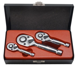 Sada krátkých ráčen 1/2", 3/8", 1/4", s přepínací páčkou a vyhazovákem 72 zubů, 3 kusy, Welzh