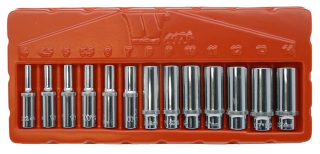 Nástrčné hlavice 1/4", Gear-Lock 4 - 14 mm, prodloužené, CrV, sada 13 dílů, Welzh