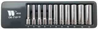 Nástrčné hlavice 1/4", Lok-TYP, 6-ti hran, 4 - 13 mm, prodloužené, CrV, sada 10 dílů, Welzh