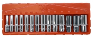 Nástrčné hlavice 3/8", 12-ti hran, Gear-Lock 8 - 21 mm, prodloužené, CrV, sada 14 dílů, Welzh