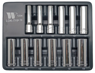 Nástrčné hlavice 3/8", Lok-TYP, 6-ti hran, 8 - 19 mm, prodloužené, sada 12 dílů, Welzh