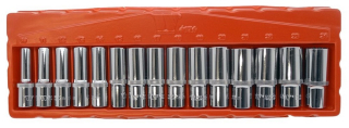 Nástrčné hlavice 1/2", Gear-Lock, 12-ti hran, 10 - 24 mm, CrV, prodloužené, sada 15 dílů, Welzh