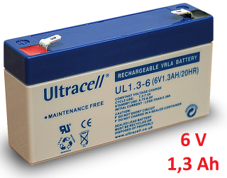 Záložní, staniční baterie VRLA-AGM 1,3 Ah , 6 V , kontakty F1 , Ultracell