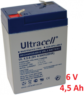 Záložní, staniční baterie VRLA-AGM 4,5 Ah , 6 V , kontakty F1 , Ultracell