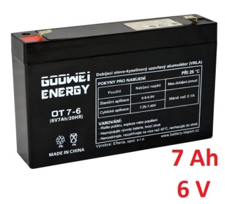 Záložní, staniční baterie VRLA 7 Ah , 6 V , kontakty F1 , GOOWEI ENERGY