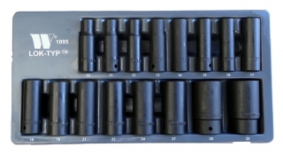Nástrčné hlavice CrMo tvrzené 1/2", Lok-TYP, 6-ti hran, 10 - 32 mm, prodloužené, sada 16 dílů, Welzh