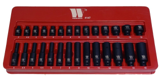 Hlavice nástrčné 1/4", pro rázové utahováky, CrMo, 4-15 mm, sada 28 dílů, Welzh