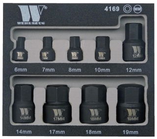Hlavice zástrčné 3/8" a 1/4", Inbus 6-19 mm, extra krátké, sada 9 dílů, Welzh