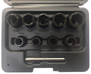 Hlavice nástrčné 3/8" k povolování poškozených matic a šroubů, 10-19 mm, CrMo, sada 10 dílů, Welzh